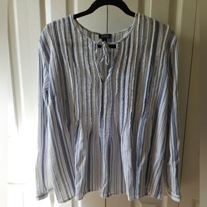 a.n.a Blue Striped Long Sleeve Pleated Ruffles Tie V-Neck Blouse, Women's Small